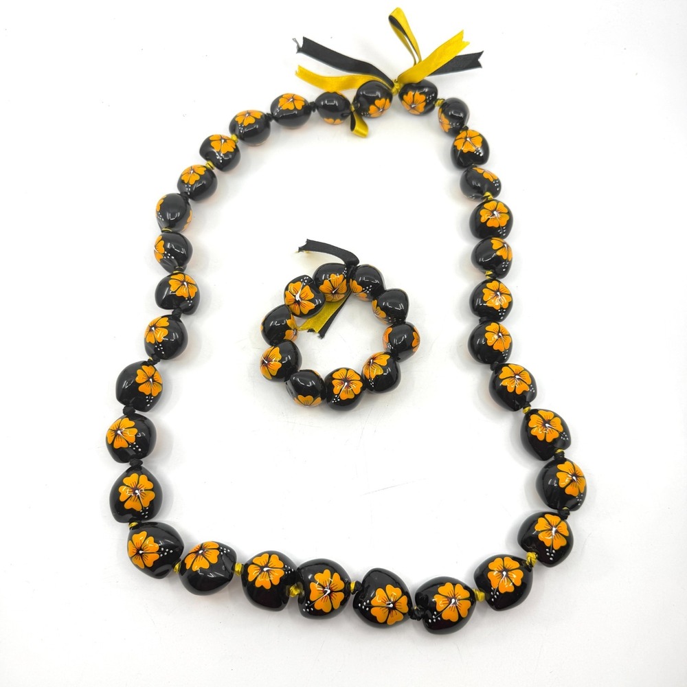 Black Orange Floral Beaded Necklace Bracelet Set Statement Boho Festival Chic